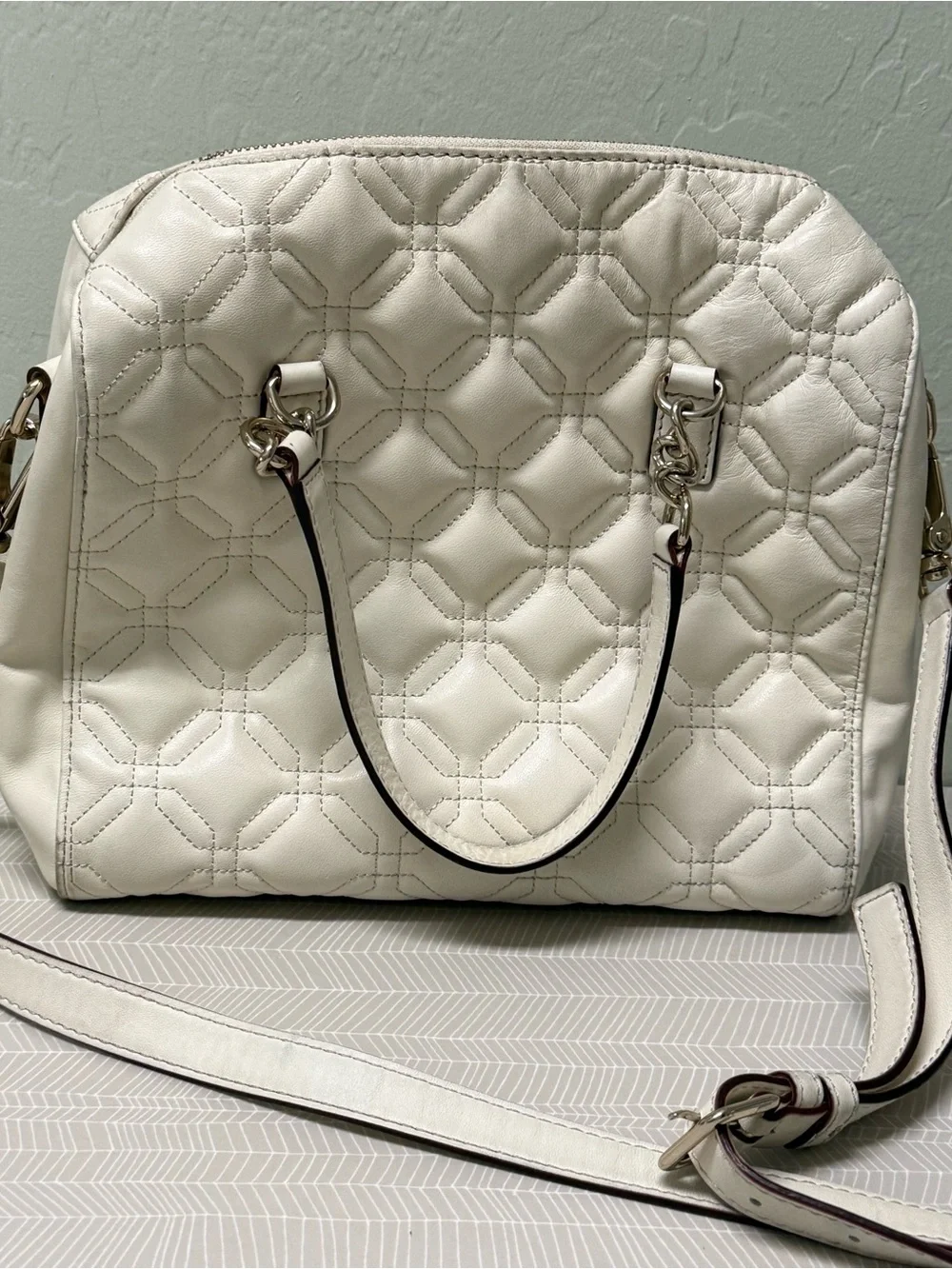 kate spade White Quilted Astor Court Satchel with Chain Handles